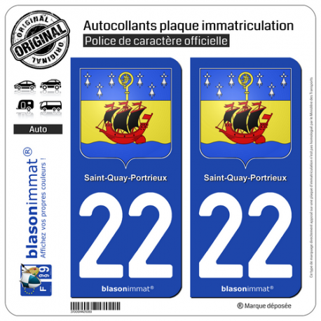 2 Autocollants plaque immatriculation Auto 22 Saint-Quay-Portrieux - Armoiries