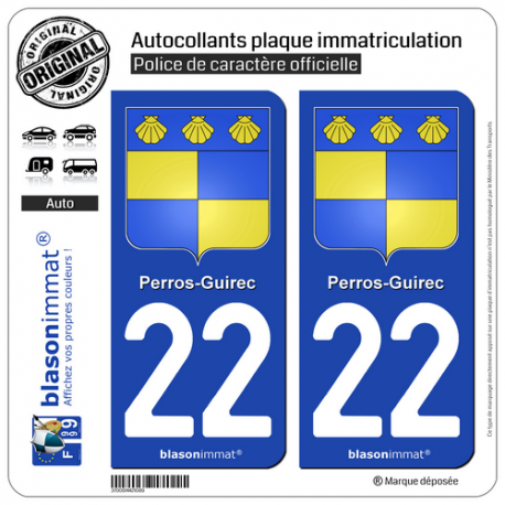 2 Autocollants plaque immatriculation Auto 22 Perros-Guirec - Armoiries