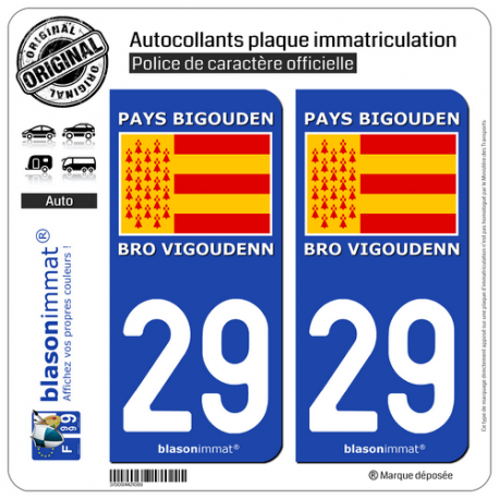 2 Autocollants plaque immatriculation Auto 29 Pays Bigouden - Drapeau