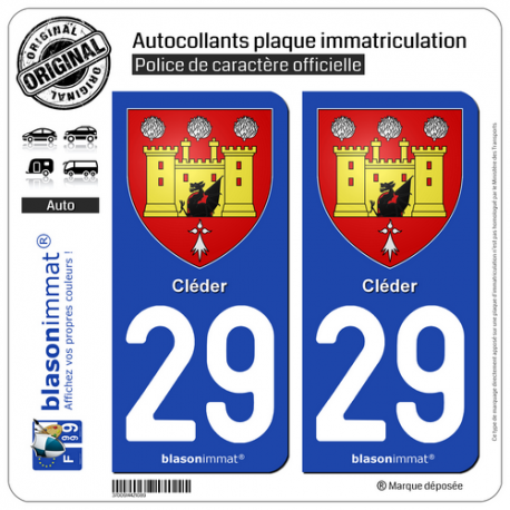 2 Autocollants plaque immatriculation Auto 29 Cléder - Armoiries