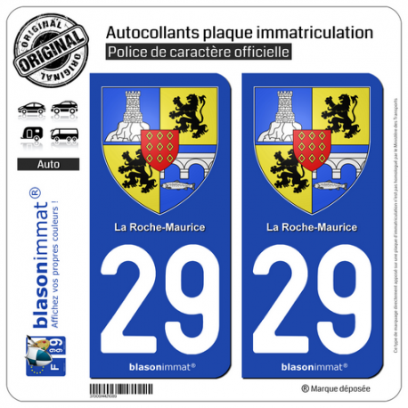 2 Autocollants plaque immatriculation Auto 29 La Roche-Maurice - Armoiries