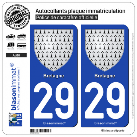 2 Autocollants plaque immatriculation Auto 29 Bretagne - Armoiries
