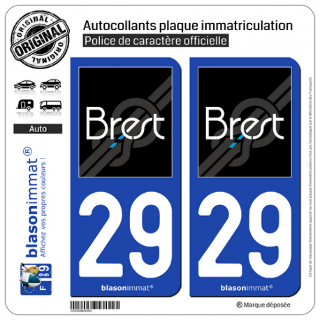 2 Autocollants plaque immatriculation Auto 29 Brest - Agglo