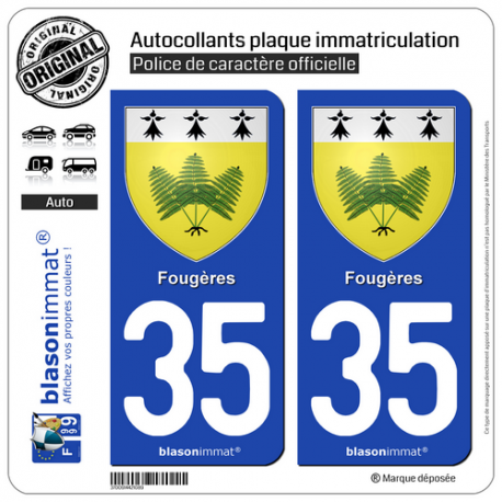 2 Autocollants plaque immatriculation Auto 35 Fougères - Armoiries