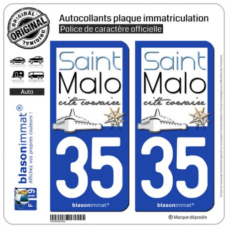 2 Autocollants plaque immatriculation Auto 35 Saint-Malo - Tourisme