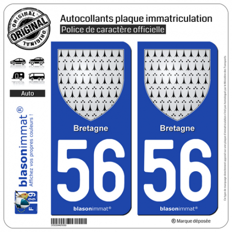 2 Autocollants plaque immatriculation Auto 56 Bretagne - Armoiries