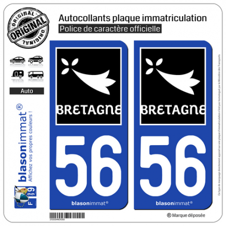 2 Autocollants plaque immatriculation Auto 56 Bretagne - Région