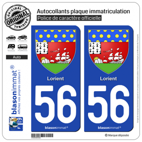 2 Autocollants plaque immatriculation Auto 56100 Lorient - Armoiries