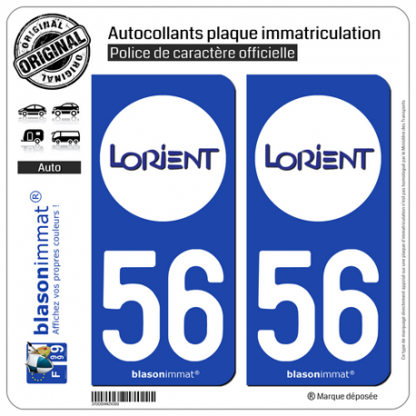 2 Autocollants plaque immatriculation Auto 56 Lorient - Agglo