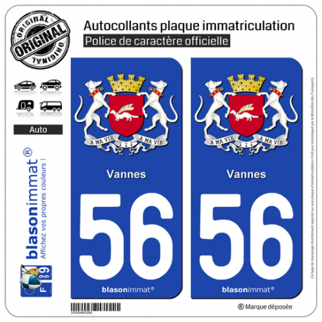 2 Autocollants plaque immatriculation Auto 56 Vannes - Armoiries