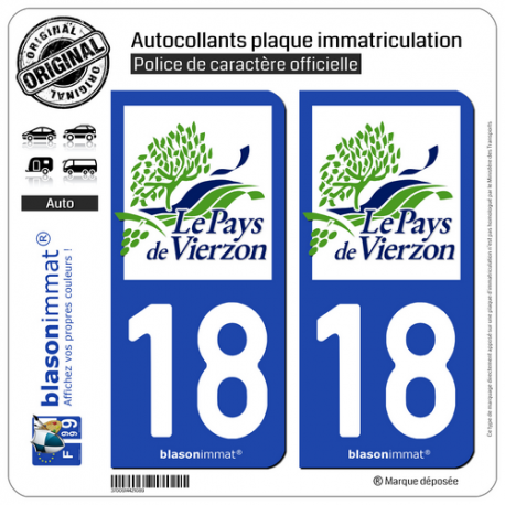 2 Autocollants plaque immatriculation Auto 18 Vierzon - Pays