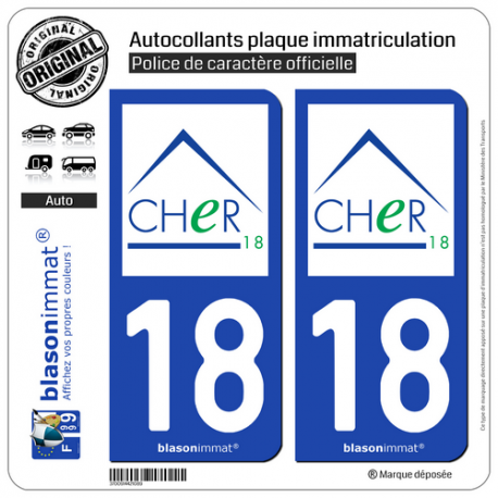 2 Autocollants plaque immatriculation Auto 18 Cher - Département