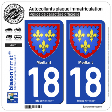 2 Autocollants plaque immatriculation Auto 18 Meillant - Armoiries
