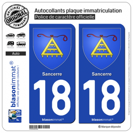 2 Autocollants plaque immatriculation Auto 18 Sancerre - Armoiries