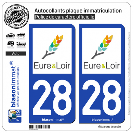 2 Autocollants plaque immatriculation Auto 28 Eure-et-Loir - Tourisme