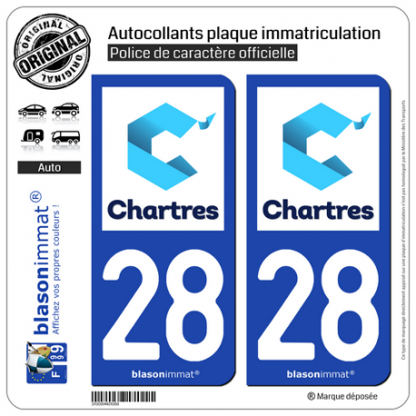 2 Autocollants plaque immatriculation Auto 28 Chartres - Tourisme