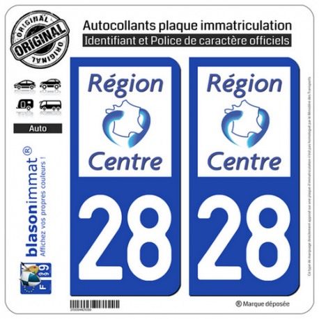 2 Autocollants plaque immatriculation Auto 28 Centre-Val de Loire - LogoType