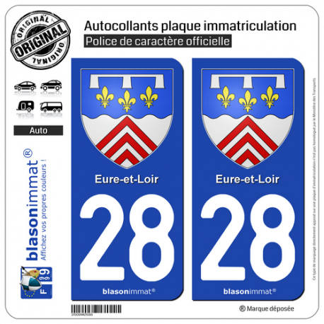 2 Autocollants plaque immatriculation Auto 28 Eure-et-Loir - Armoiries