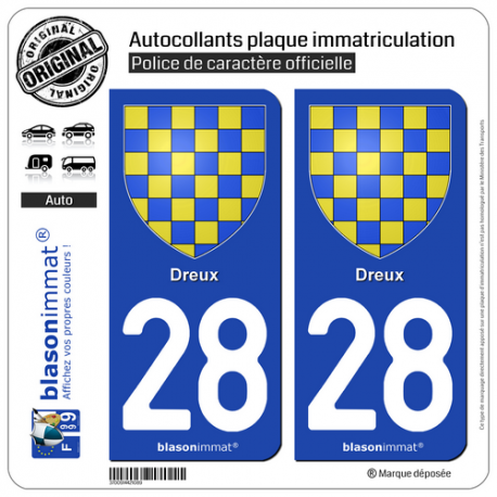 2 Autocollants plaque immatriculation Auto 28 Dreux - Armoiries