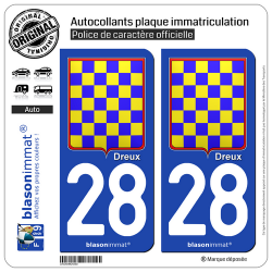 2 Autocollants plaque immatriculation Auto 28 Dreux - Armoiries Synthétique