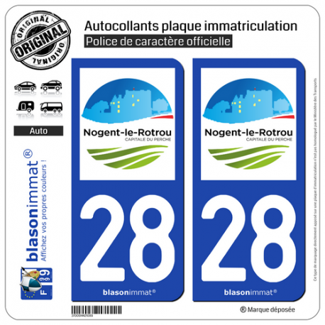 2 Autocollants plaque immatriculation Auto 28 Nogent-le-Rotrou - Ville