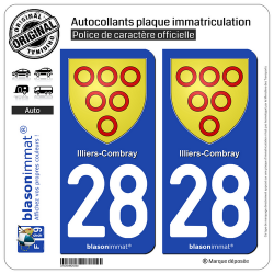 2 Autocollants plaque immatriculation Auto 28 Illiers-Combray - Armoiries