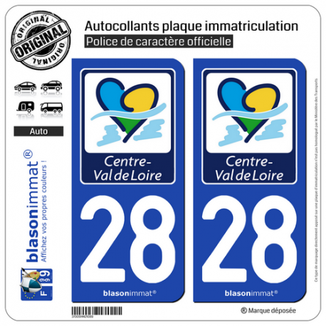2 Autocollants plaque immatriculation Auto 28 Centre-Val de Loire - Région