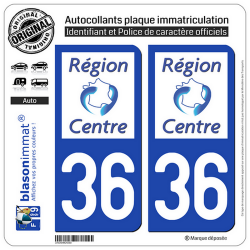 2 Autocollants plaque immatriculation Auto 36 Centre-Val de Loire - LogoType