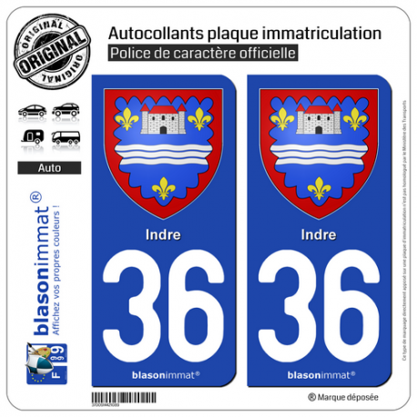 2 Autocollants plaque immatriculation Auto 36 Indre - Armoiries