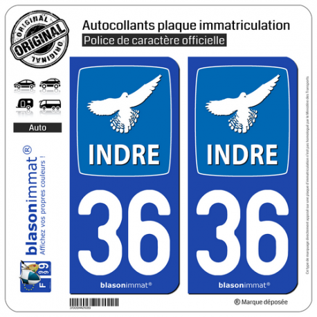2 Autocollants plaque immatriculation Auto 36 Indre - Département