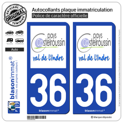 2 Autocollants plaque immatriculation Auto 36 Castelroussin - Pays