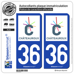 2 Autocollants plaque immatriculation Auto 36 Châteauroux - Agglo