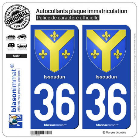 2 Autocollants plaque immatriculation Auto 36 Issoudun - Armoiries
