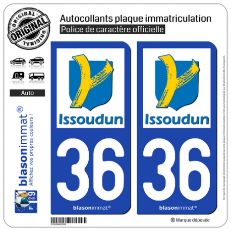 2 Autocollants plaque immatriculation Auto 36 Issoudun - Ville