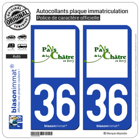 2 Autocollants plaque immatriculation Auto 36 La Châtre - Agglo