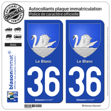 2 Autocollants plaque immatriculation Auto 36 Le Blanc - Armoiries