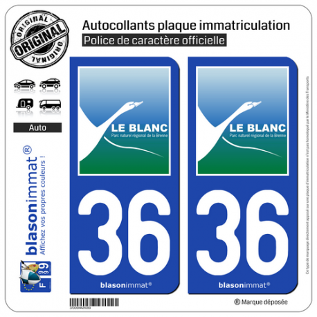 2 Autocollants plaque immatriculation Auto 36 Le Blanc - Ville