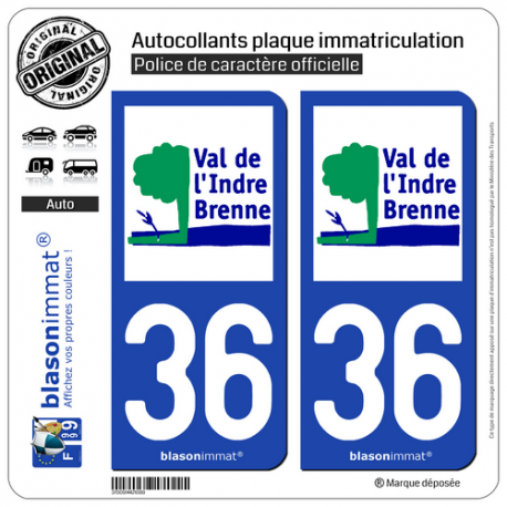 2 Autocollants plaque immatriculation Auto 36 Val de l'Indre Brenne - Agglo