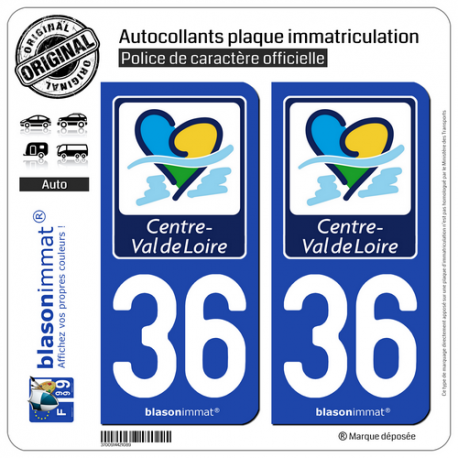 2 Autocollants plaque immatriculation Auto 36 Centre-Val de Loire - Région