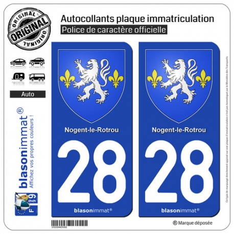 2 Autocollants plaque immatriculation Auto 28 Nogent-le-Rotrou - Armoiries