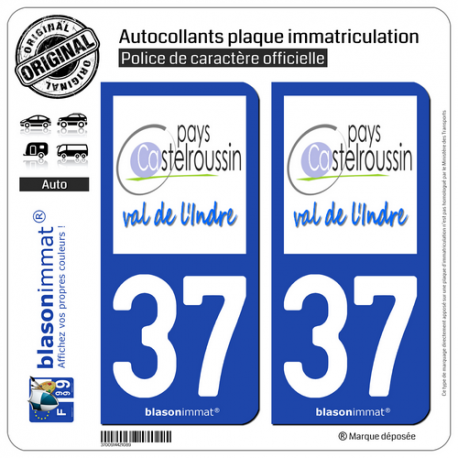 2 Autocollants plaque immatriculation Auto 37 Castelroussin - Pays