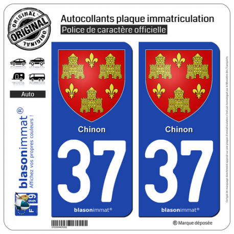 2 Autocollants plaque immatriculation Auto 37 Chinon - Armoiries