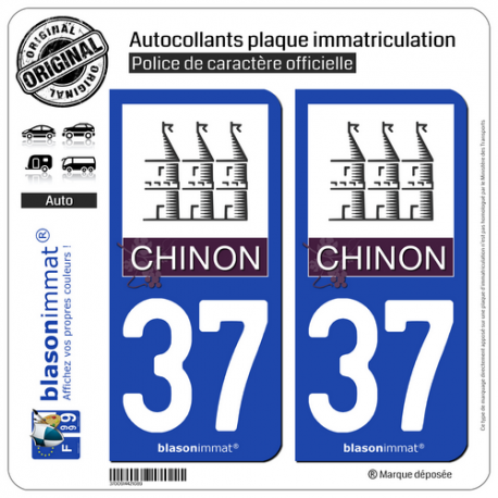 2 Autocollants plaque immatriculation Auto 37 Chinon - Ville