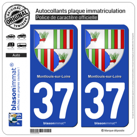 2 Autocollants plaque immatriculation Auto 37 Montlouis-sur-Loire - Armoiries