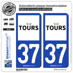2 Autocollants plaque immatriculation Auto 37 Tours - Ville