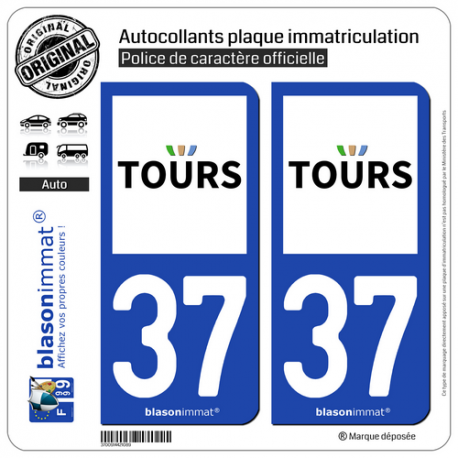 2 Autocollants plaque immatriculation Auto 37 Tours - Ville