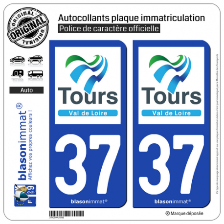 2 Autocollants plaque immatriculation Auto 37 Tours - Agglo