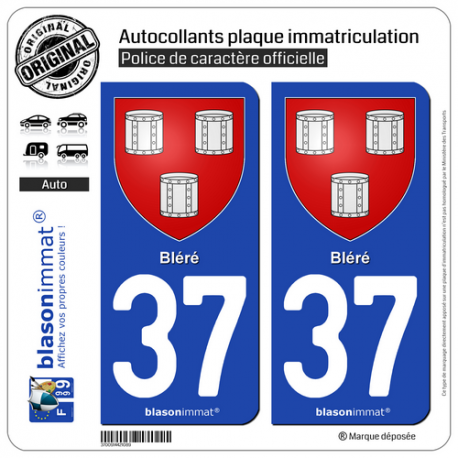2 Autocollants plaque immatriculation Auto 37 Bléré - Armoiries