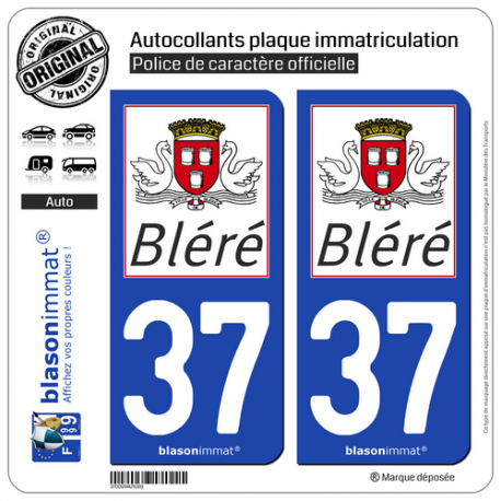 2 Autocollants plaque immatriculation Auto 37 Bléré - Commune