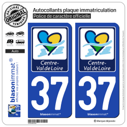 2 Autocollants plaque immatriculation Auto 37 Centre-Val de Loire - Région
